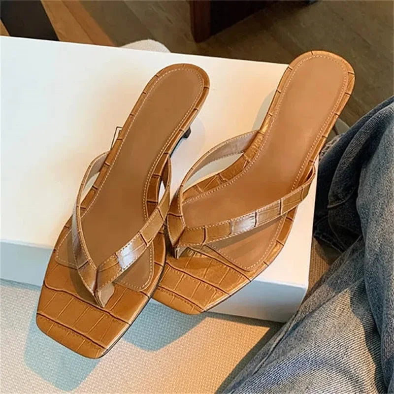Aneikeh Brown Print Kitten Heel Flip Flops Square Toe Sandals Casual Slides Daily Party Shoes