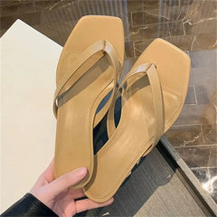 Aneikeh Brown Print Kitten Heel Flip Flops Square Toe Sandals Casual Slides Daily Party Shoes