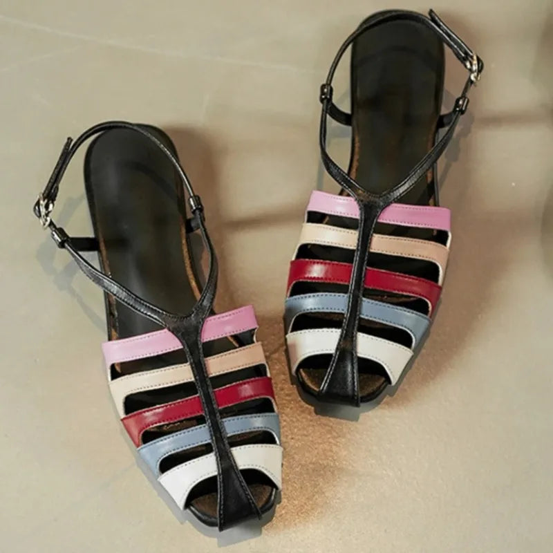 Aneikeh Comfortable Elegant Slingback Mules Sandals Bohemian Hollow Narrow BBuckle Strap Low Heels Sandals Shoes