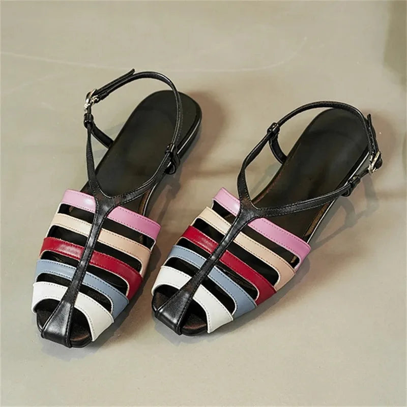 Aneikeh Comfortable Elegant Slingback Mules Sandals Bohemian Hollow Narrow BBuckle Strap Low Heels Sandals Shoes
