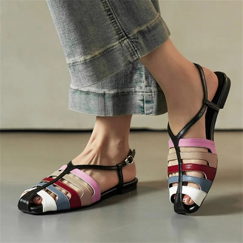 Aneikeh Comfortable Elegant Slingback Mules Sandals Bohemian Hollow Narrow BBuckle Strap Low Heels Sandals Shoes