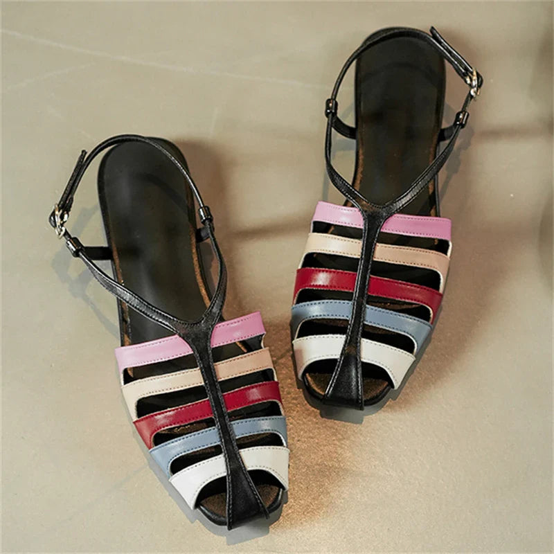Aneikeh Comfortable Elegant Slingback Mules Sandals Bohemian Hollow Narrow BBuckle Strap Low Heels Sandals Shoes