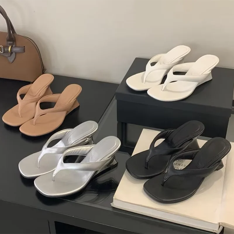 Aneikeh Comfortable Soft Leather Silver Glitter Wedges Heels Slippers Square Clip Toe Sandals Flip Flops Party Female Shoes