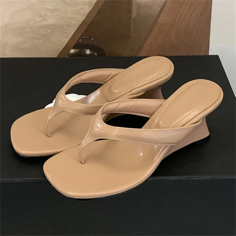 Aneikeh Comfortable Soft Leather Silver Glitter Wedges Heels Slippers Square Clip Toe Sandals Flip Flops Party Female Shoes