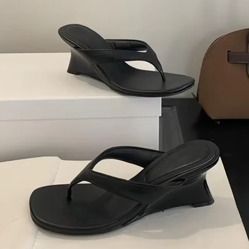 Aneikeh Comfortable Soft Leather Silver Glitter Wedges Heels Slippers Square Clip Toe Sandals Flip Flops Party Female Shoes