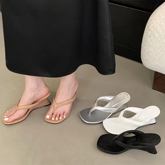 Aneikeh Comfortable Soft Leather Silver Glitter Wedges Heels Slippers Square Clip Toe Sandals Flip Flops Party Female Shoes
