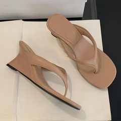 Aneikeh Comfortable Soft Leather Silver Glitter Wedges Heels Slippers Square Clip Toe Sandals Flip Flops Party Female Shoes
