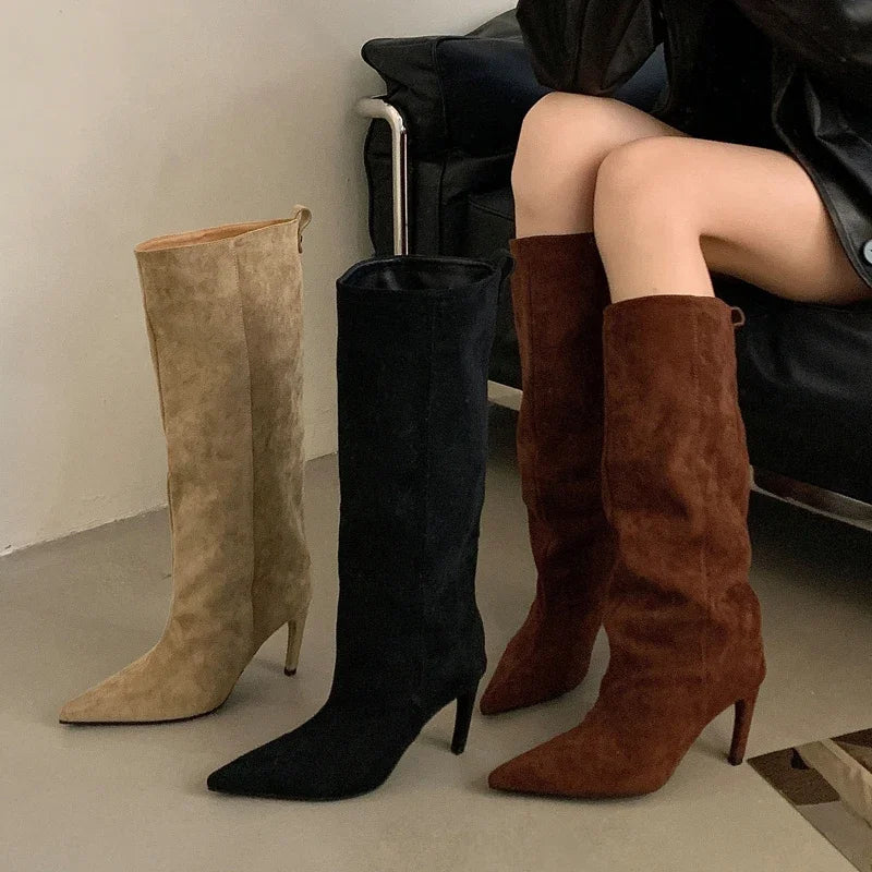 Aneikeh Concise Knee-High Boots Thin Heels Shoes Female Pointed Toe Long Booties Zapatos De Muje