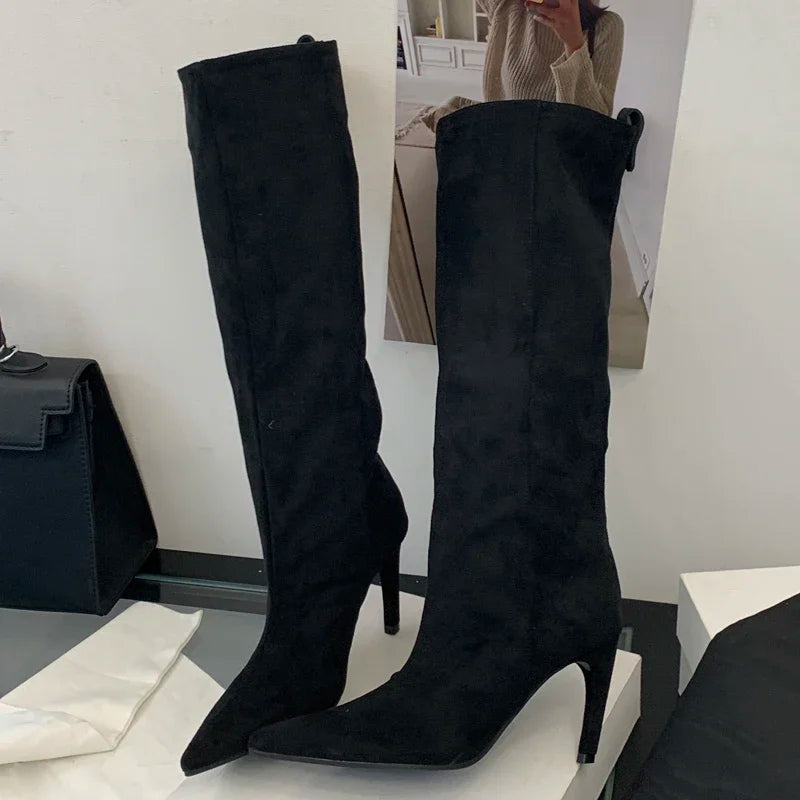 Aneikeh Concise Knee-High Boots Thin Heels Shoes Female Pointed Toe Long Booties Zapatos De Muje