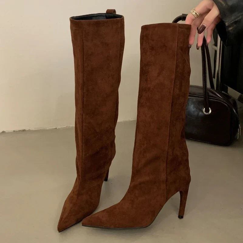 Aneikeh Concise Knee-High Boots Thin Heels Shoes Female Pointed Toe Long Booties Zapatos De Muje