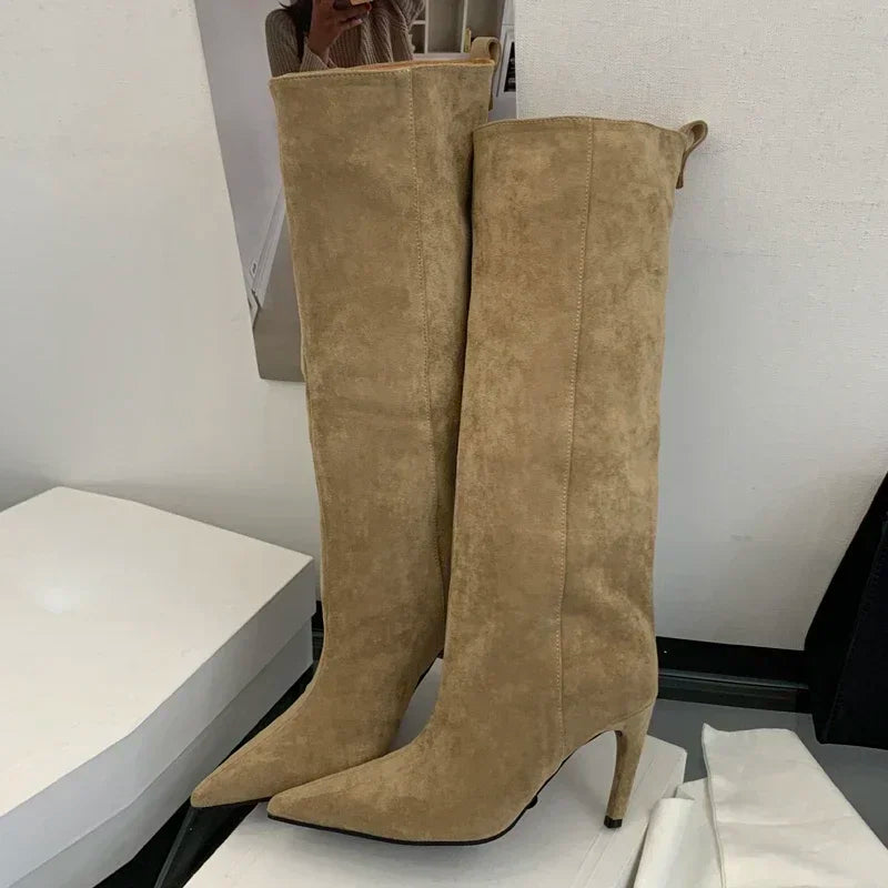 Aneikeh Concise Knee-High Boots Thin Heels Shoes Female Pointed Toe Long Booties Zapatos De Muje