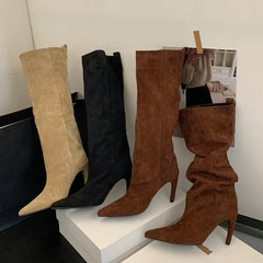 Aneikeh Concise Knee-High Boots Thin Heels Shoes Female Pointed Toe Long Booties Zapatos De Muje