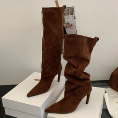 Aneikeh Concise Knee-High Boots Thin Heels Shoes Female Pointed Toe Long Booties Zapatos De Muje
