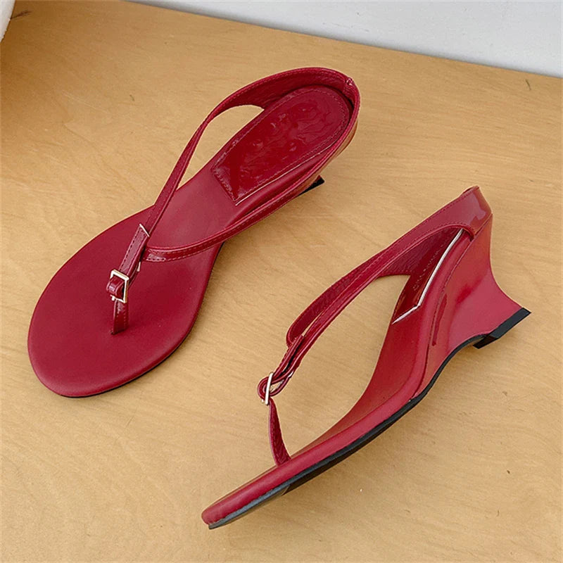 Aneikeh Designer Buckle Clip Toe Slippers Wedges High Heels Sandals Flip Flops Female Shoes