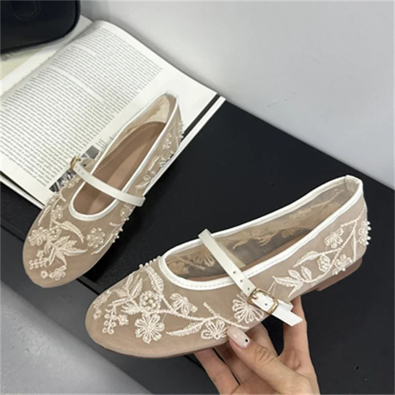 Aneikeh Elegant Ballet Dance Embroidered Flower Mesh Fabric Flat Heels Sandals Round Toe Buckle Strap Casual Mule Shoes