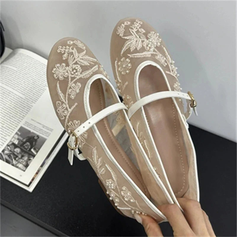 Aneikeh Elegant Ballet Dance Embroidered Flower Mesh Fabric Flat Heels Sandals Round Toe Buckle Strap Casual Mule Shoes