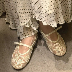 Aneikeh Elegant Ballet Dance Embroidered Flower Mesh Fabric Flat Heels Sandals Round Toe Buckle Strap Casual Mule Shoes