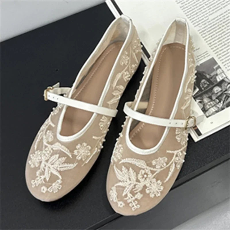 Aneikeh Elegant Ballet Dance Embroidered Flower Mesh Fabric Flat Heels Sandals Round Toe Buckle Strap Casual Mule Shoes