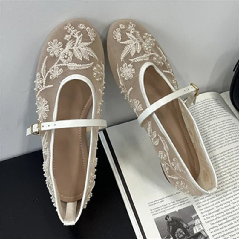 Aneikeh Elegant Ballet Dance Embroidered Flower Mesh Fabric Flat Heels Sandals Round Toe Buckle Strap Casual Mule Shoes