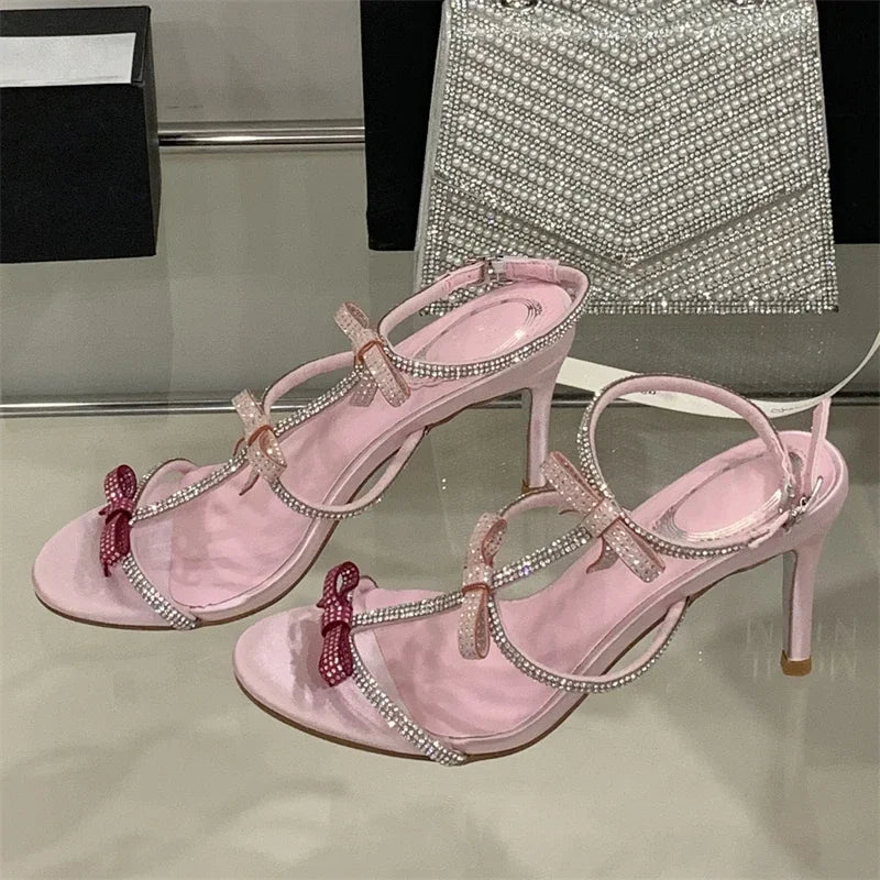 Aneikeh Elegant Butterfly-knot Crystal Narrow BWoman Sandals Thin High Heels Buckle Strap Banquet Party Shoes zapatos