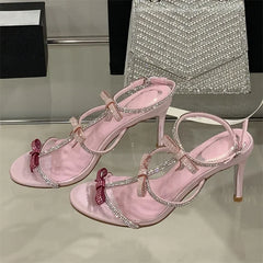 Aneikeh Elegant Butterfly-knot Crystal Narrow BWoman Sandals Thin High Heels Buckle Strap Banquet Party Shoes zapatos