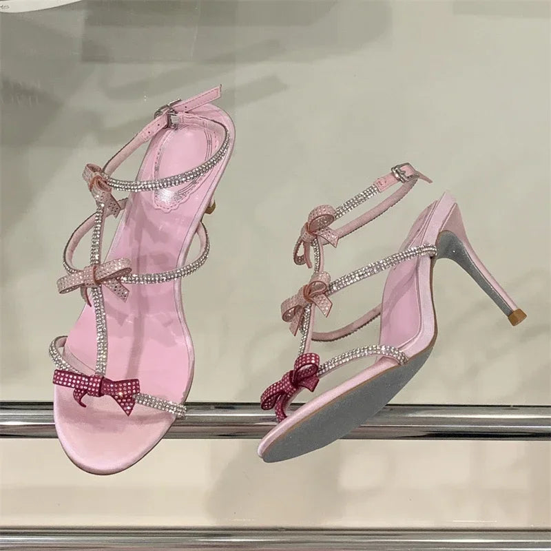Aneikeh Elegant Butterfly-knot Crystal Narrow BWoman Sandals Thin High Heels Buckle Strap Banquet Party Shoes zapatos