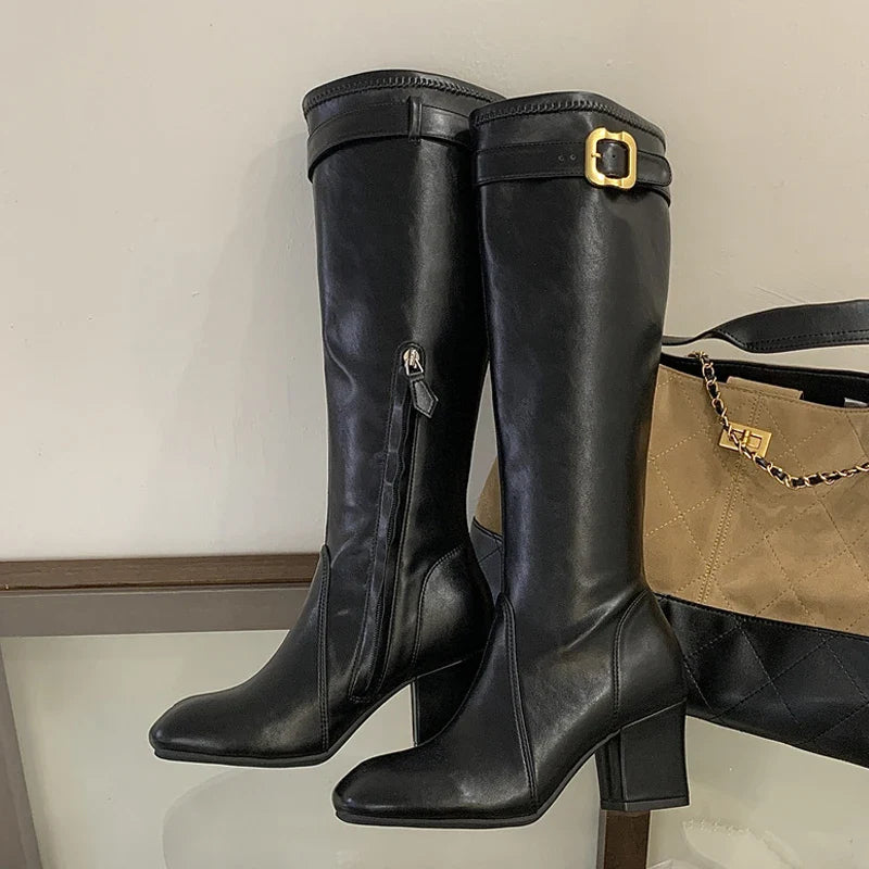 Aneikeh Elegant Gold Buckle Knee High Riding Boots Square Toe Mid Block Heel Side Zipper Slim Tall Leather Boots