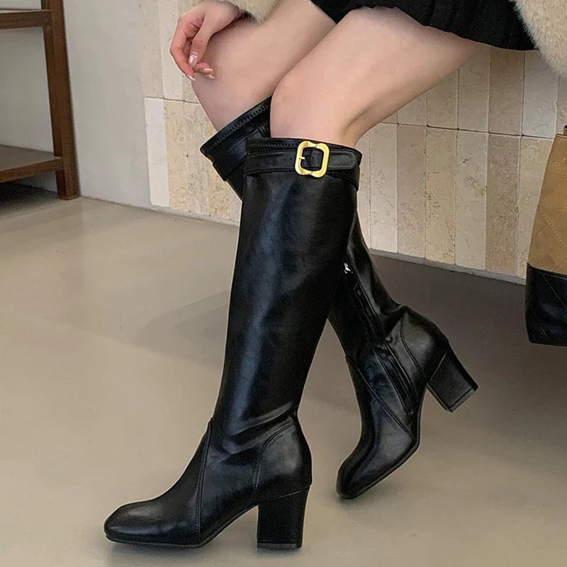 Aneikeh Elegant Gold Buckle Knee High Riding Boots Square Toe Mid Block Heel Side Zipper Slim Tall Leather Boots