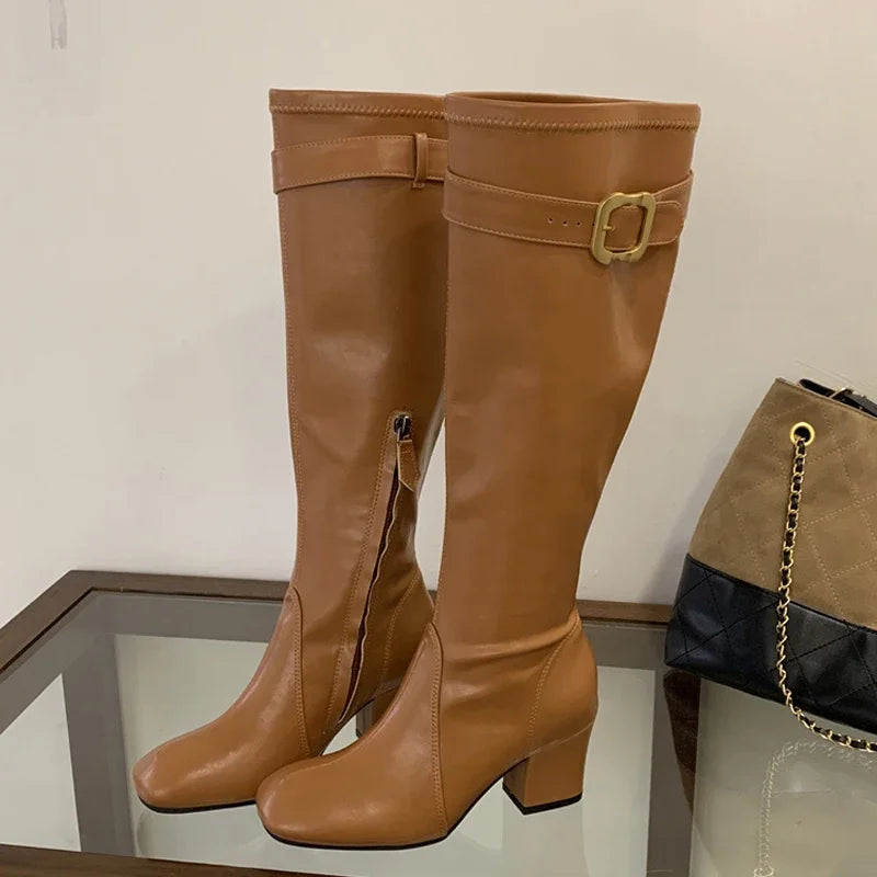 Aneikeh Elegant Gold Buckle Knee High Riding Boots Square Toe Mid Block Heel Side Zipper Slim Tall Leather Boots