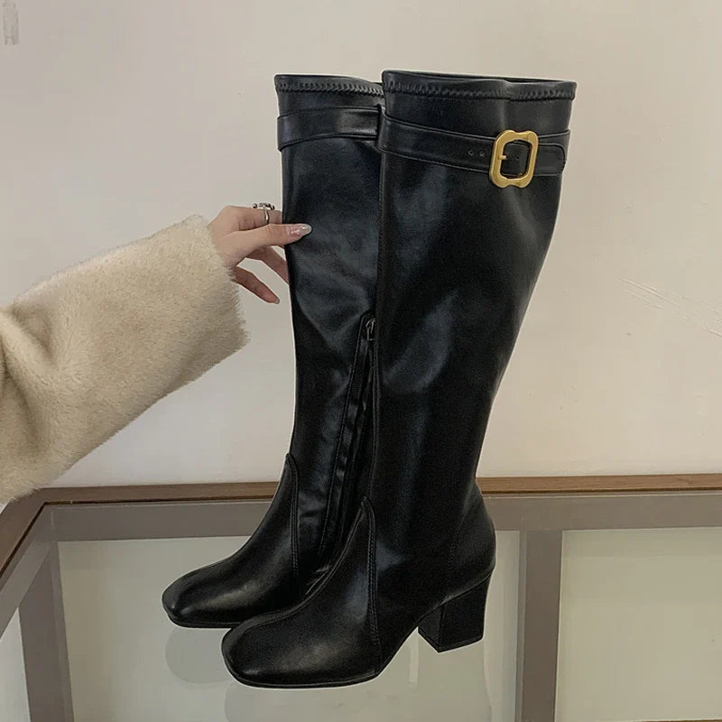 Aneikeh Elegant Gold Buckle Knee High Riding Boots Square Toe Mid Block Heel Side Zipper Slim Tall Leather Boots