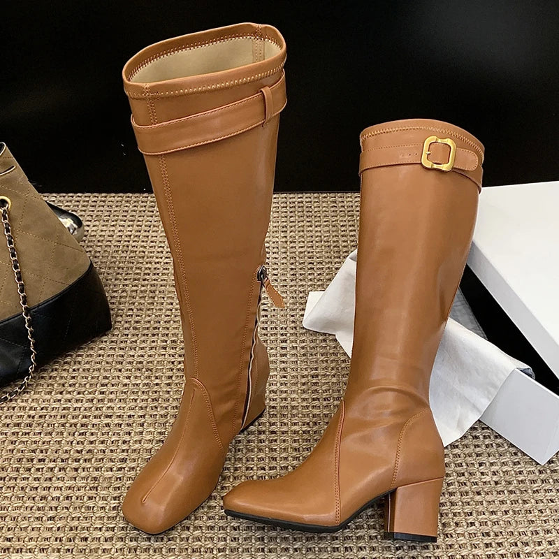 Aneikeh Elegant Gold Buckle Knee High Riding Boots Square Toe Mid Block Heel Side Zipper Slim Tall Leather Boots