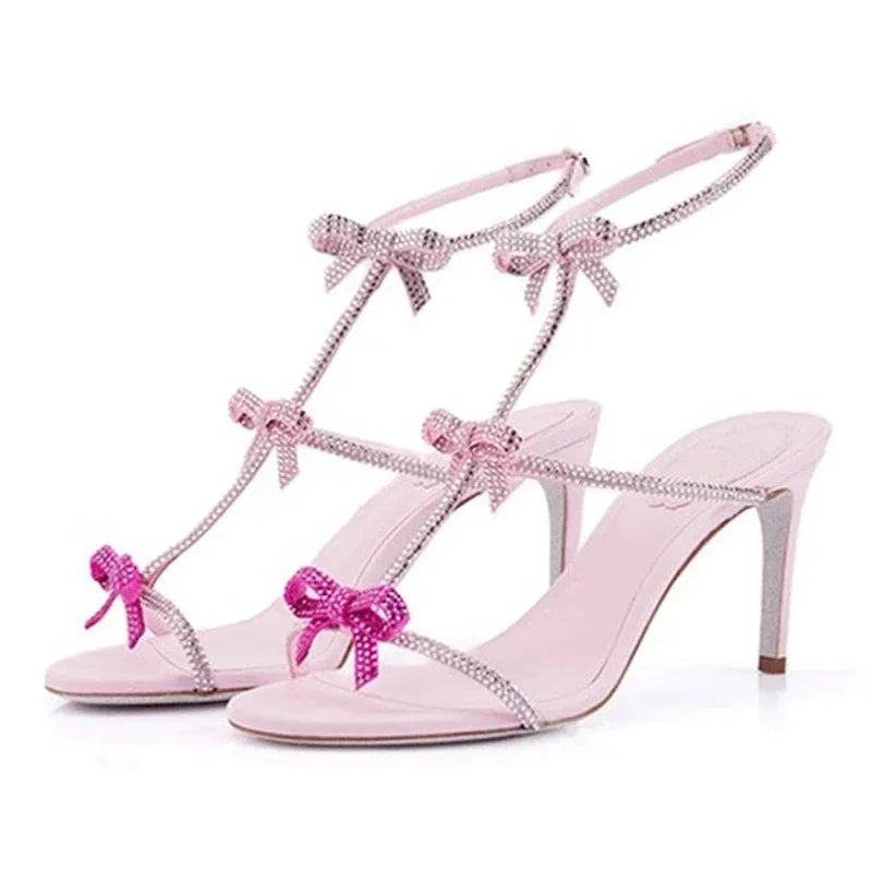 Aneikeh Elegant Silk Rhinestone Decoration High Heel Sandals Open Toe Thin Heel Shoes Zapatos Mujer