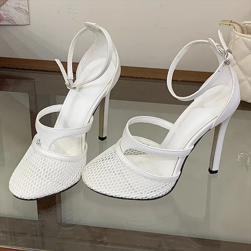 Aneikeh Elegant Mesh Ankle Strap High Heels Pumps Round Toe Thin Stiletto Sandals Party Dress Heeled Shoes