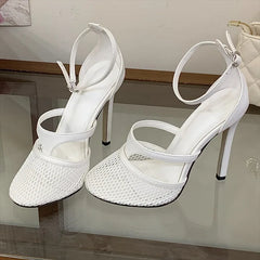 Aneikeh Elegant Mesh Ankle Strap High Heels Pumps Round Toe Thin Stiletto Sandals Party Dress Heeled Shoes