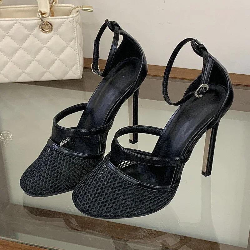 Aneikeh Elegant Mesh Ankle Strap High Heels Pumps Round Toe Thin Stiletto Sandals Party Dress Heeled Shoes