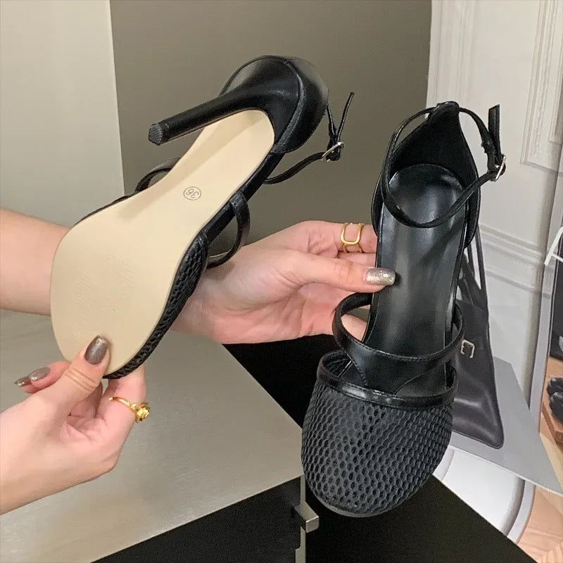 Aneikeh Elegant Mesh Ankle Strap High Heels Pumps Round Toe Thin Stiletto Sandals Party Dress Heeled Shoes