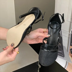 Aneikeh Elegant Mesh Ankle Strap High Heels Pumps Round Toe Thin Stiletto Sandals Party Dress Heeled Shoes