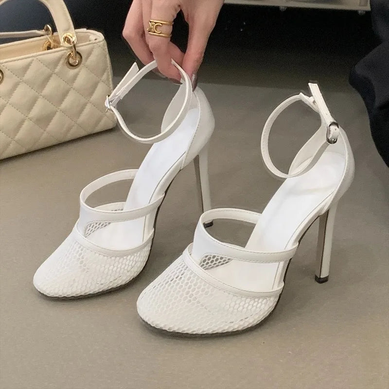 Aneikeh Elegant Mesh Ankle Strap High Heels Pumps Round Toe Thin Stiletto Sandals Party Dress Heeled Shoes
