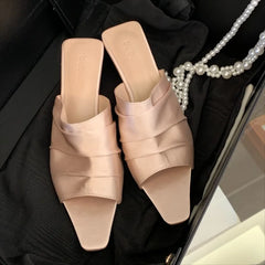 Aneikeh Elegant Satin Pleated Square Toe Mules Low Heel Slip on Casual Slippers