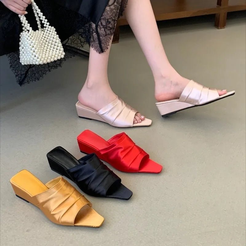 Aneikeh Elegant Satin Pleated Square Toe Mules Low Heel Slip on Casual Slippers