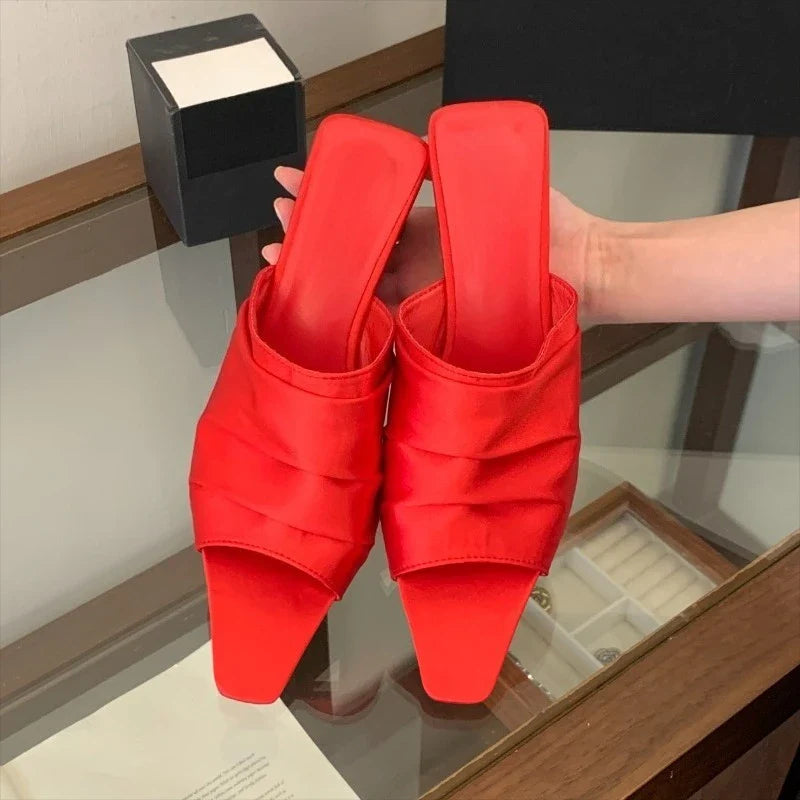 Aneikeh Elegant Satin Pleated Square Toe Mules Low Heel Slip on Casual Slippers