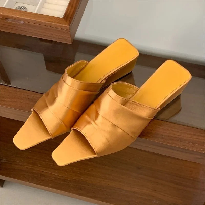 Aneikeh Elegant Satin Pleated Square Toe Mules Low Heel Slip on Casual Slippers