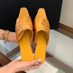 Aneikeh Elegant Satin Pleated Square Toe Mules Low Heel Slip on Casual Slippers