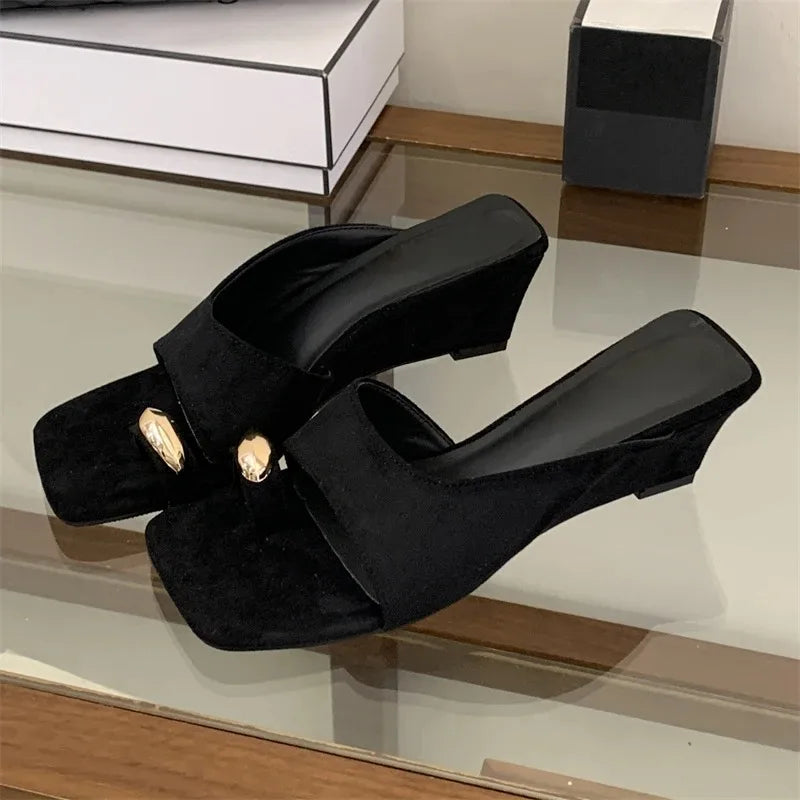 Aneikeh Comfortable Suede Clip Toe Wedge Heel Sandals Metal Decor Square Toe Slippers Zapatos De Mujer