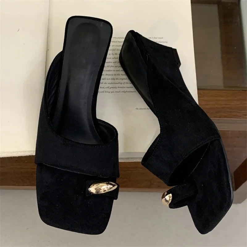 Aneikeh Comfortable Suede Clip Toe Wedge Heel Sandals Metal Decor Square Toe Slippers Zapatos De Mujer