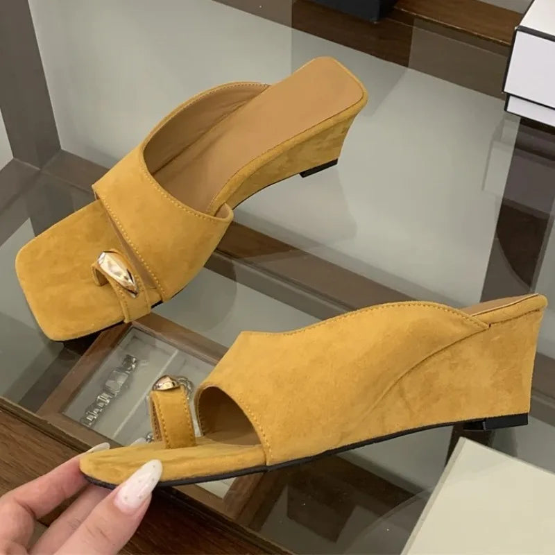 Aneikeh Comfortable Suede Clip Toe Wedge Heel Sandals Metal Decor Square Toe Slippers Zapatos De Mujer