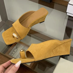 Aneikeh Comfortable Suede Clip Toe Wedge Heel Sandals Metal Decor Square Toe Slippers Zapatos De Mujer
