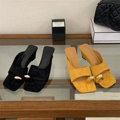Aneikeh Comfortable Suede Clip Toe Wedge Heel Sandals Metal Decor Square Toe Slippers Zapatos De Mujer