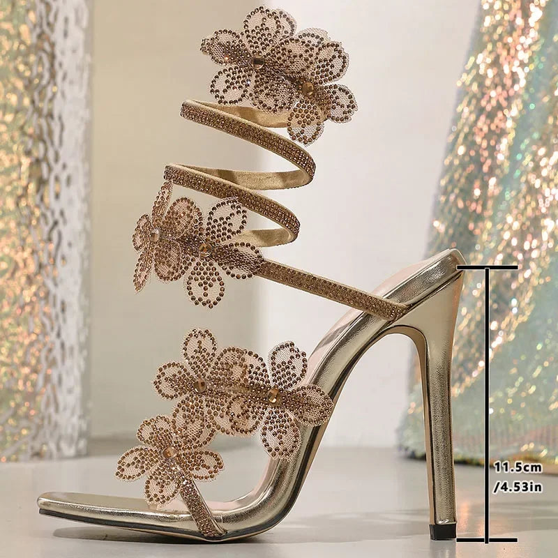 Aneikeh  Gladiator Sandals Crystal Flower Narrow BSexy Thin High Heels Ankle Coiled Strap Banquet Prom Shoes
