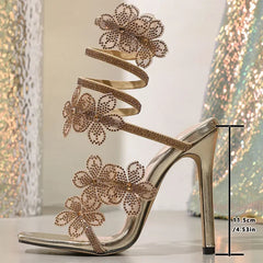 Aneikeh  Gladiator Sandals Crystal Flower Narrow BSexy Thin High Heels Ankle Coiled Strap Banquet Prom Shoes